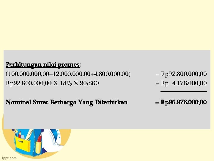 Perhitungan nilai promes: (100. 000, 00– 12. 000, 00+4. 800. 000, 00) Rp 92.