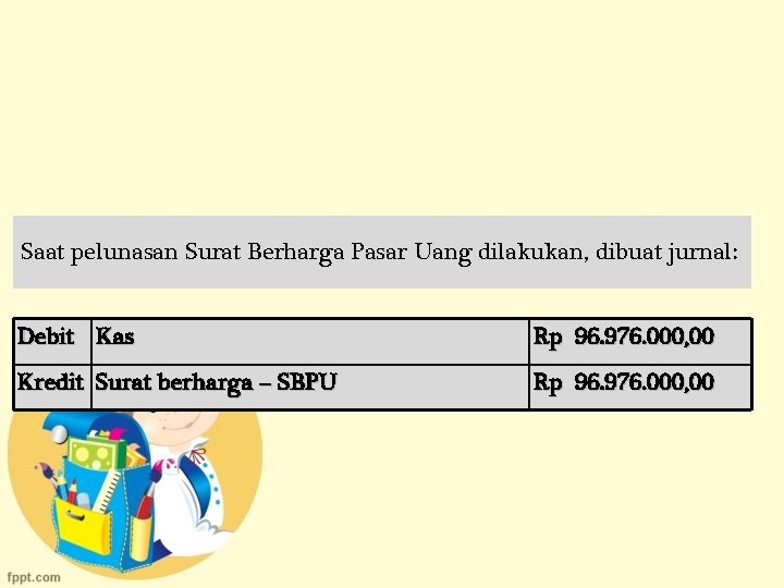 Saat pelunasan Surat Berharga Pasar Uang dilakukan, dibuat jurnal: Debit Kas Rp 96. 976.