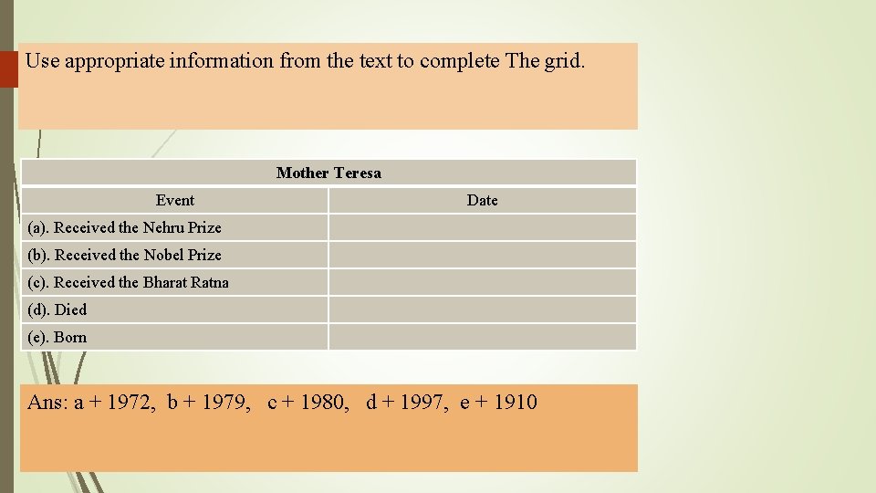 Use appropriate information from the text to complete The grid. Mother Teresa Event Date