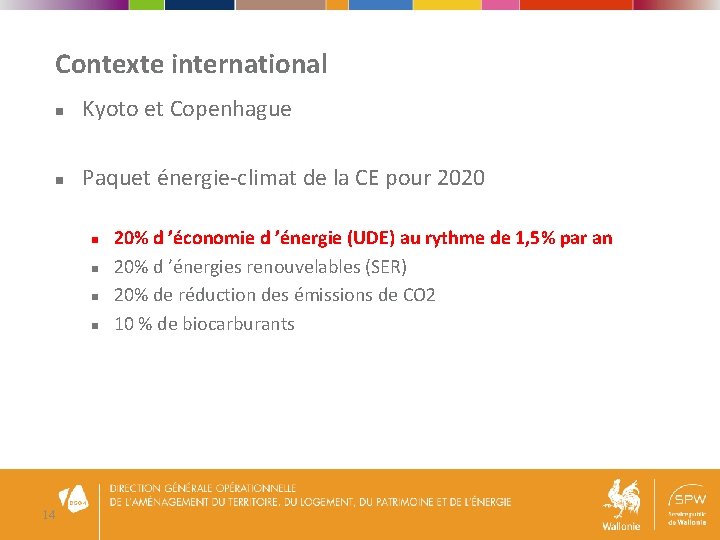 Contexte international n Kyoto et Copenhague n Paquet énergie-climat de la CE pour 2020