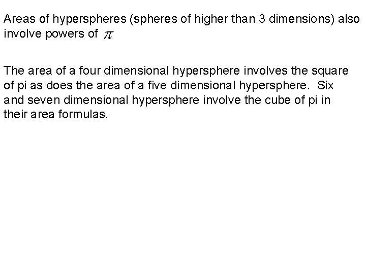 Areas of hyperspheres (spheres of higher than 3 dimensions) also involve powers of The