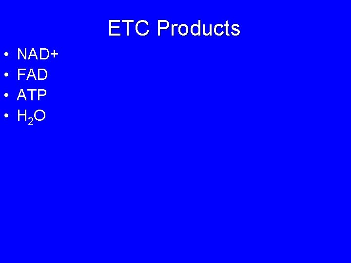 ETC Products • • NAD+ FAD ATP H 2 O 