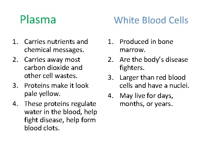 Plasma 1. Carries nutrients and chemical messages. 2. Carries away most carbon dioxide and