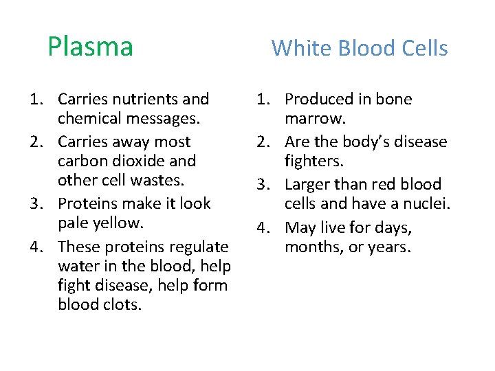 Plasma 1. Carries nutrients and chemical messages. 2. Carries away most carbon dioxide and