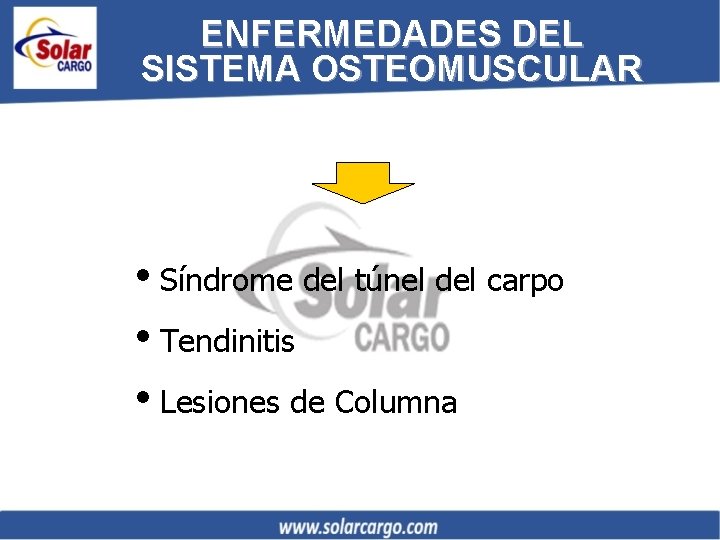 ENFERMEDADES DEL SISTEMA OSTEOMUSCULAR i. Síndrome del túnel del carpo i. Tendinitis i. Lesiones
