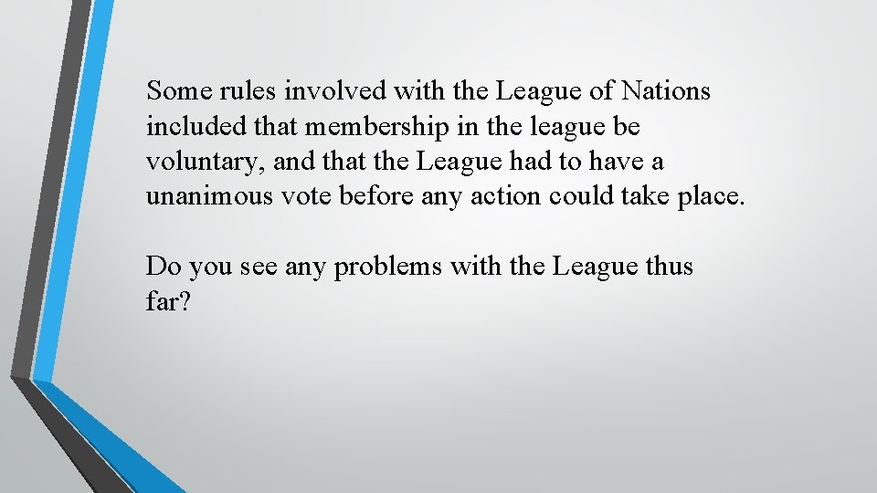 Some rules involved with the League of Nations included that membership in the league