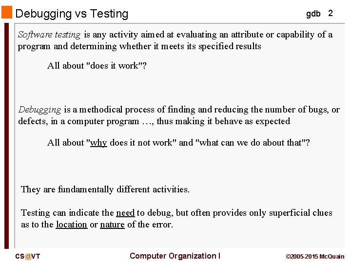 Debugging vs Testing gdb 2 Software testing is any activity aimed at evaluating an