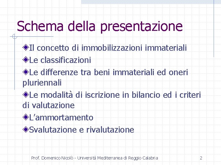 Schema della presentazione Il concetto di immobilizzazioni immateriali Le classificazioni Le differenze tra beni