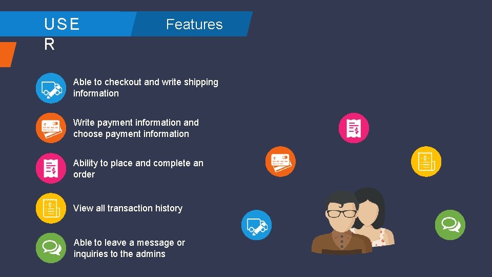 USE R Features Able to checkout and write shipping information Write payment information and