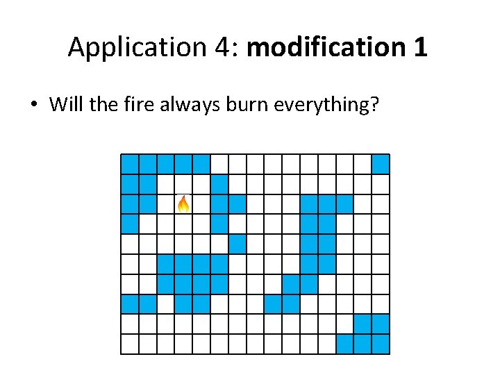 Application 4: modification 1 • Will the fire always burn everything? 