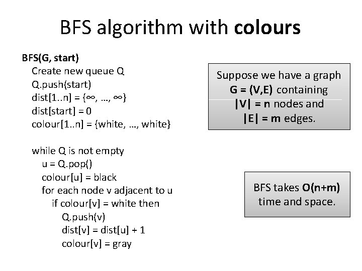 BFS algorithm with colours BFS(G, start) Create new queue Q Q. push(start) dist[1. .