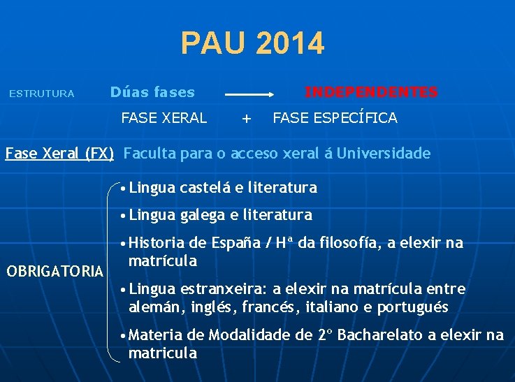 PAU 2014 ESTRUTURA Dúas fases FASE XERAL INDEPENDENTES + FASE ESPECÍFICA Fase Xeral (FX)