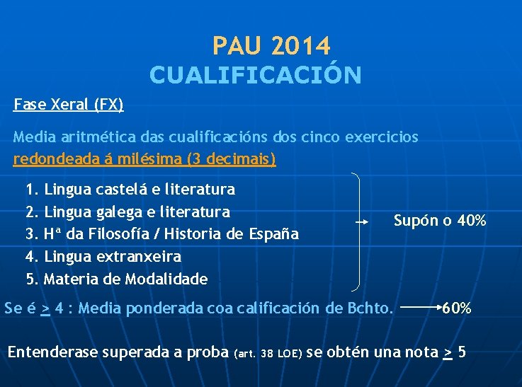 PAU 2014 CUALIFICACIÓN Fase Xeral (FX) Media aritmética das cualificacións dos cinco exercicios redondeada
