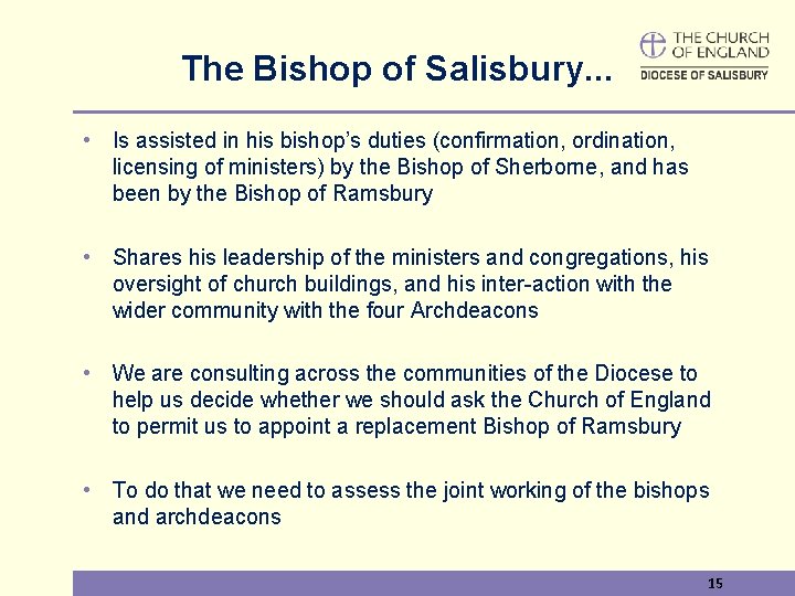 The Bishop of Salisbury. . . • Is assisted in his bishop’s duties (confirmation,