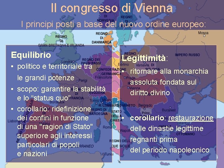 Il congresso di Vienna I principi posti a base del nuovo ordine europeo: Equilibrio