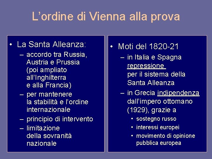 L’ordine di Vienna alla prova • La Santa Alleanza: – accordo tra Russia, Austria