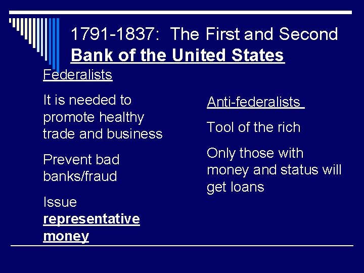 1791 -1837: The First and Second Bank of the United States Federalists It is