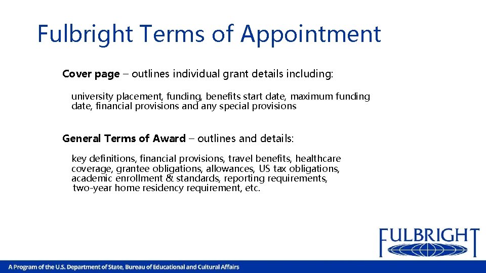 Fulbright Terms of Appointment Cover page – outlines individual grant details including: university placement,