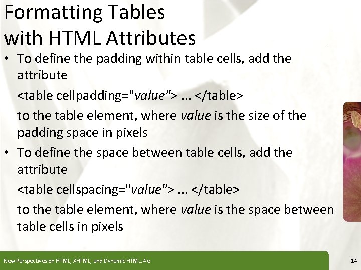 Formatting Tables with HTML Attributes XP • To define the padding within table cells, Formatting Tables with HTML Attributes XP • To define the padding within table cells,