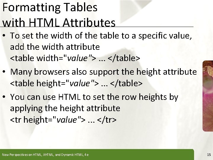 Formatting Tables with HTML Attributes XP • To set the width of the table Formatting Tables with HTML Attributes XP • To set the width of the table