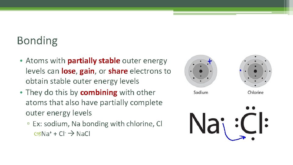 Bonding • Atoms with partially stable outer energy levels can lose, gain, or share