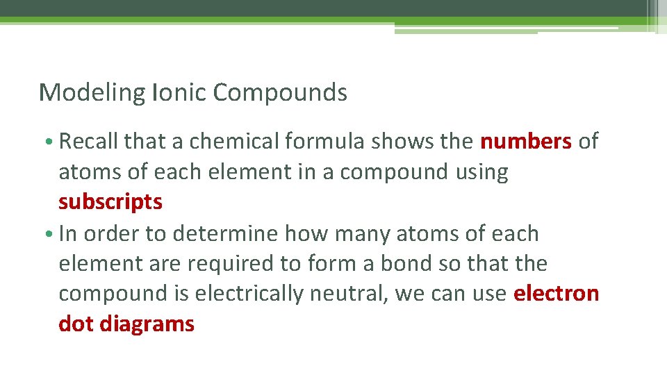 Modeling Ionic Compounds • Recall that a chemical formula shows the numbers of atoms