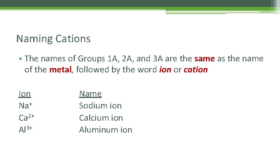 Naming Cations • The names of Groups 1 A, 2 A, and 3 A