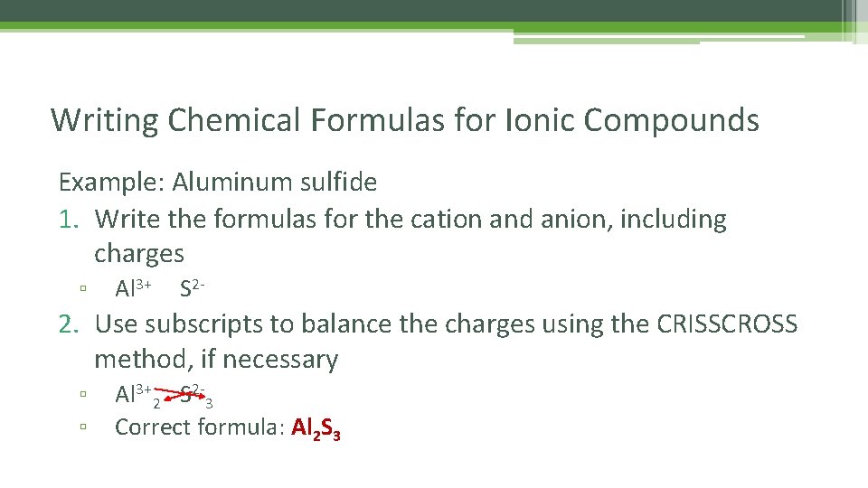 Writing Chemical Formulas for Ionic Compounds Example: Aluminum sulfide 1. Write the formulas for