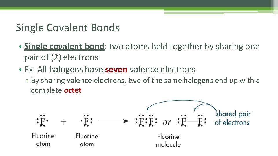 Single Covalent Bonds • Single covalent bond: two atoms held together by sharing one