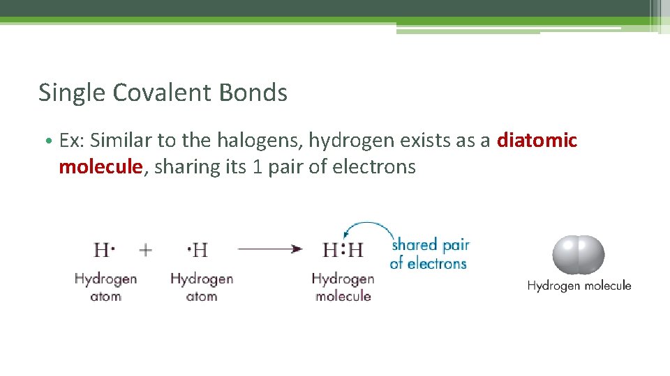 Single Covalent Bonds • Ex: Similar to the halogens, hydrogen exists as a diatomic