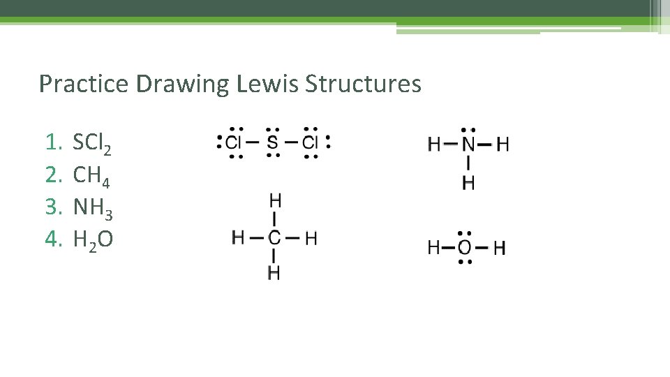 Practice Drawing Lewis Structures 1. 2. 3. 4. SCl 2 CH 4 NH 3
