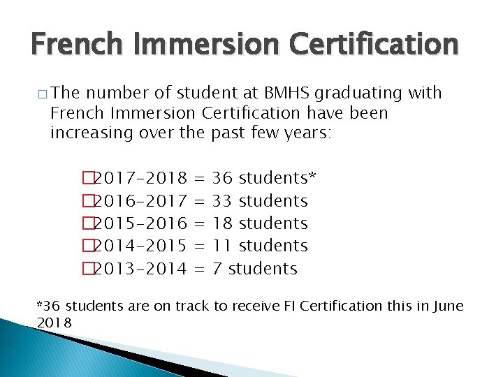 French Immersion Certification � The number of student at BMHS graduating with French Immersion