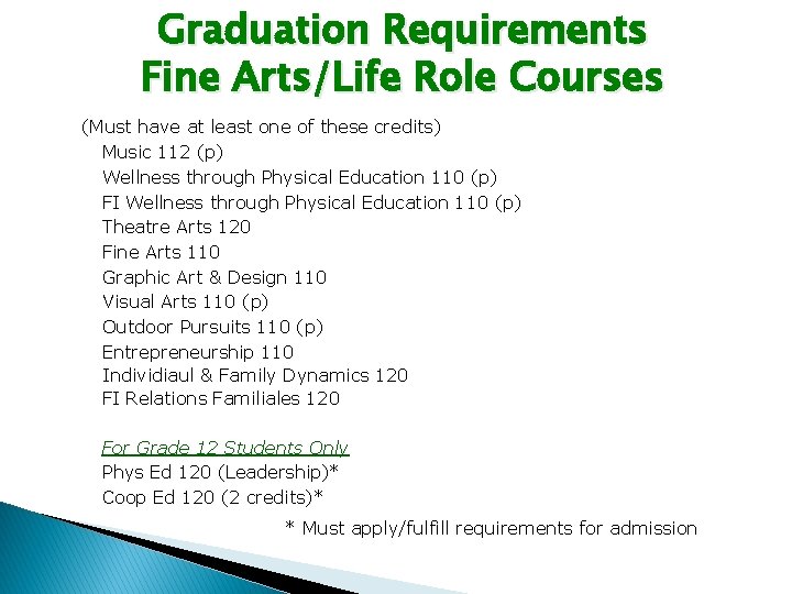 Graduation Requirements Fine Arts/Life Role Courses (Must have at least one of these credits)