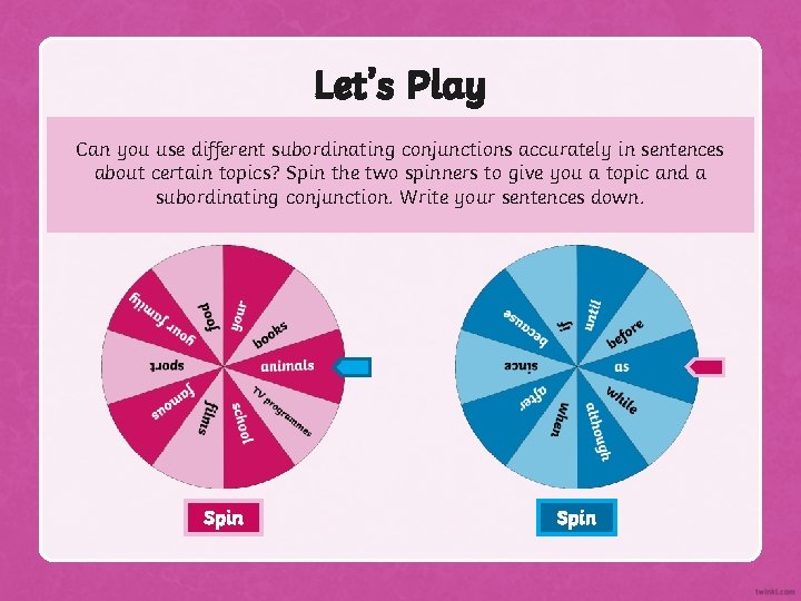 Let’s Play Can you use different subordinating conjunctions accurately in sentences about certain topics?