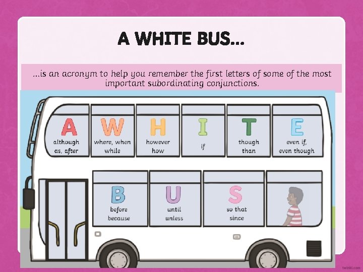 A WHITE BUS… …is an acronym to help you remember the first letters of