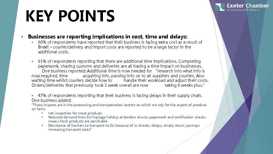 KEY POINTS • Businesses are reporting implications in cost, time and delays: • 60%