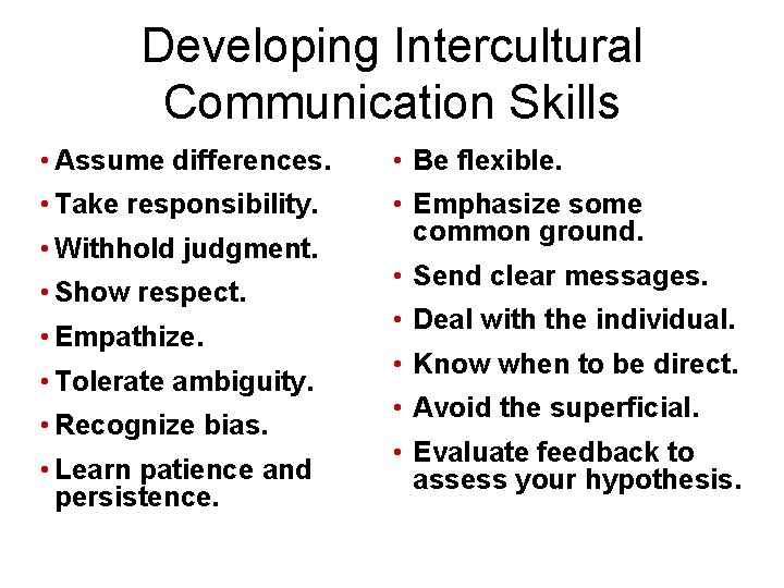 Developing Intercultural Communication Skills • Assume differences. • Be flexible. • Take responsibility. •