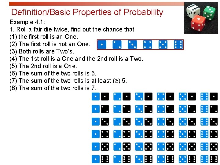 Definition/Basic Properties of Probability Example 4. 1: 1. Roll a fair die twice, find