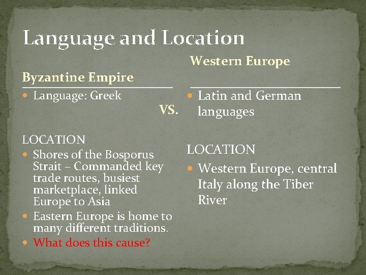 Language and Location Western Europe Byzantine Empire Language: Greek VS. LOCATION Shores of the