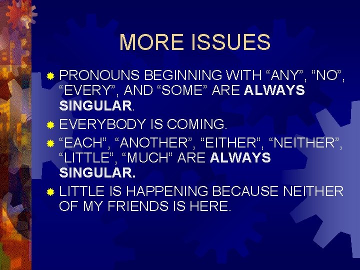 MORE ISSUES ® PRONOUNS BEGINNING WITH “ANY”, “NO”, “EVERY”, AND “SOME” ARE ALWAYS SINGULAR.