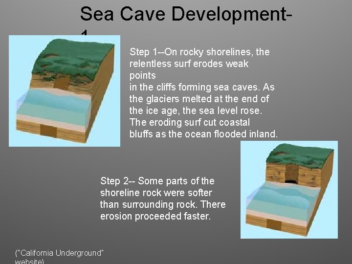 Sea Cave Development 1 Step 1 --On rocky shorelines, the relentless surf erodes weak