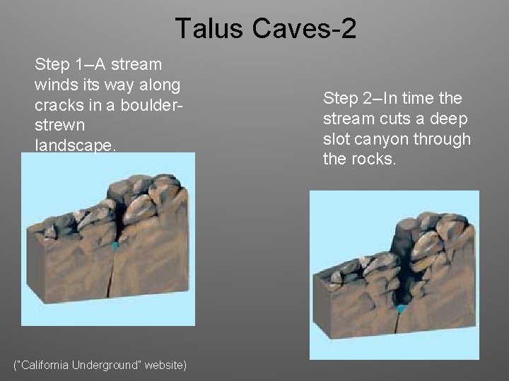 Talus Caves-2 Step 1 --A stream winds its way along cracks in a boulderstrewn