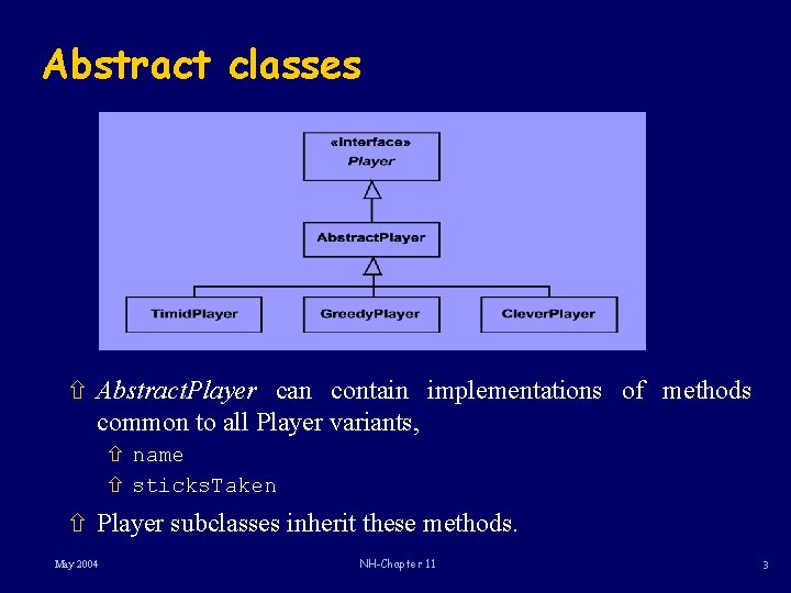 Abstract classes ñ Abstract. Player can contain implementations of methods common to all Player