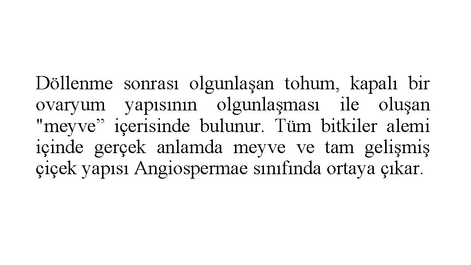 Döllenme sonrası olgunlaşan tohum, kapalı bir ovaryum yapısının olgunlaşması ile oluşan "meyve” içerisinde bulunur.