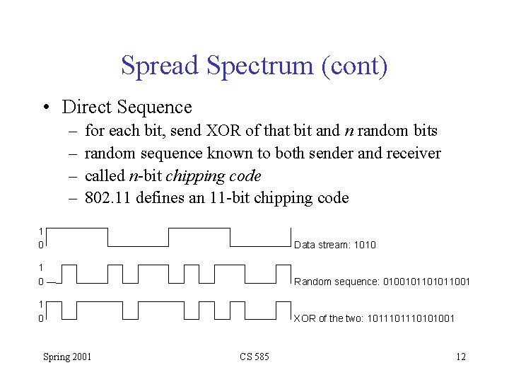 Spread Spectrum (cont) • Direct Sequence – – for each bit, send XOR of