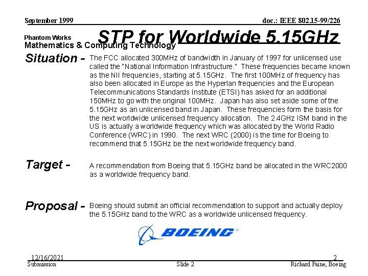 September 1999 Phantom Works doc. : IEEE 802. 15 -99/226 STP for Worldwide 5.