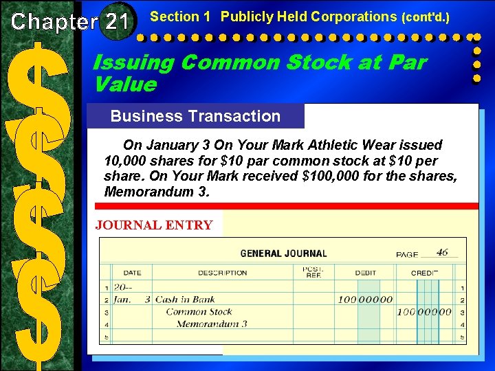 Section 1 Publicly Held Corporations (cont'd. ) Issuing Common Stock at Par Value Business
