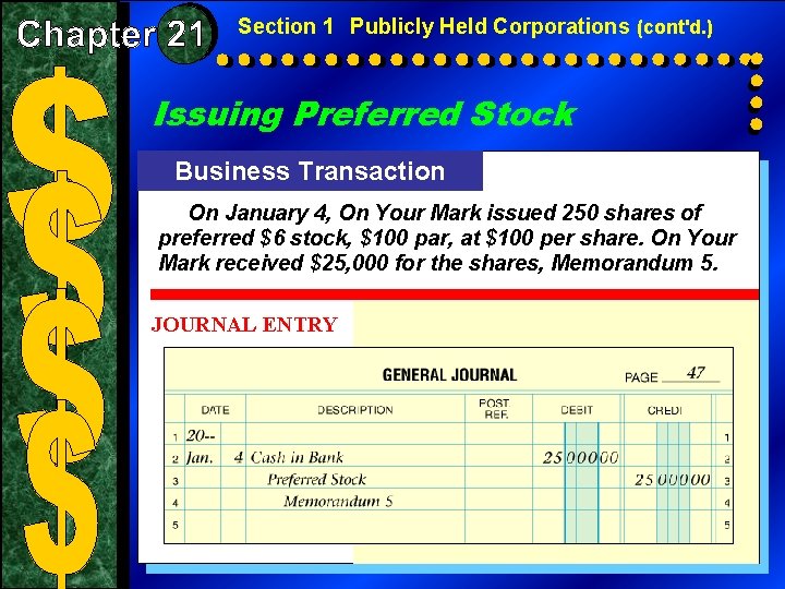 Section 1 Publicly Held Corporations (cont'd. ) Issuing Preferred Stock Business Transaction On January