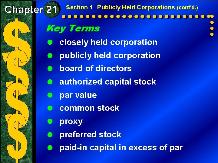 Section 1 Publicly Held Corporations (cont'd. ) Key Terms = closely held corporation =