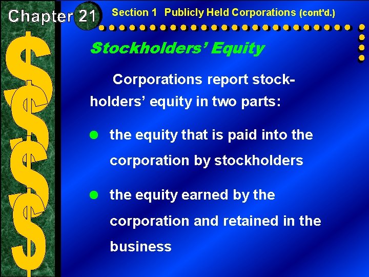 Section 1 Publicly Held Corporations (cont'd. ) Stockholders’ Equity Corporations report stockholders’ equity in